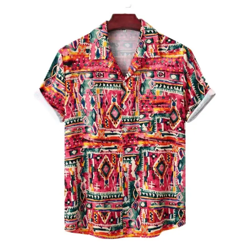 

Гавайская рубашка мужская с этническим цветочным принтом, Повседневная пляжная сорочка на пуговицах, праздничная одежда для отпуска, лето
