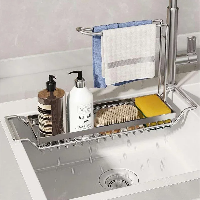 

Telescopic Sink Shelf Adjustable Kitchen Soap Sponge Rag Brush Holder Stainless Steel Sink Drain StorageRack Sink Storage Basket