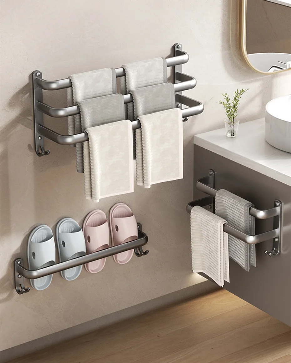 Description Picture 2 of itemAluminum Towel Rack Wall Mounted Multilayer Bath Towel Bar Shelf Punch Free Bathroom Hanging Rod Toilet Shower Room Towel Rail