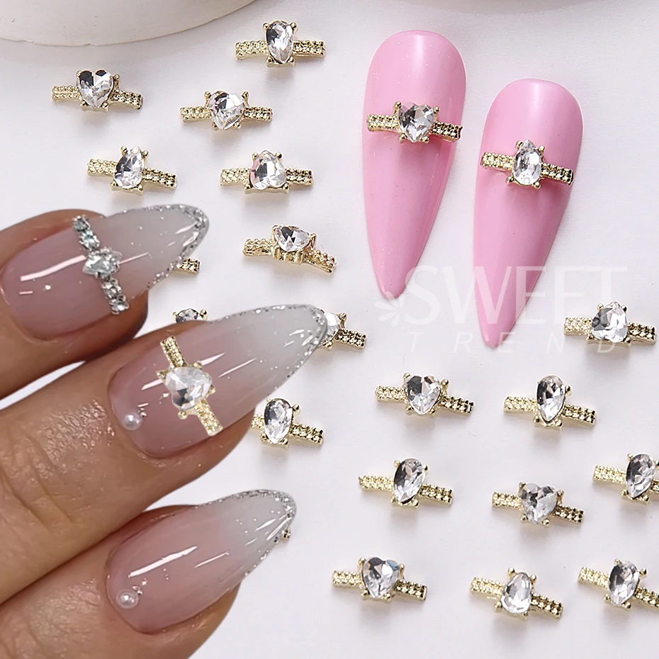 20pcs Mixed Ring Metal Nail Art Decorations Charm Ornaments Shining Golden Love Heart Rhinestones Nail Accessories Jewelry Parts