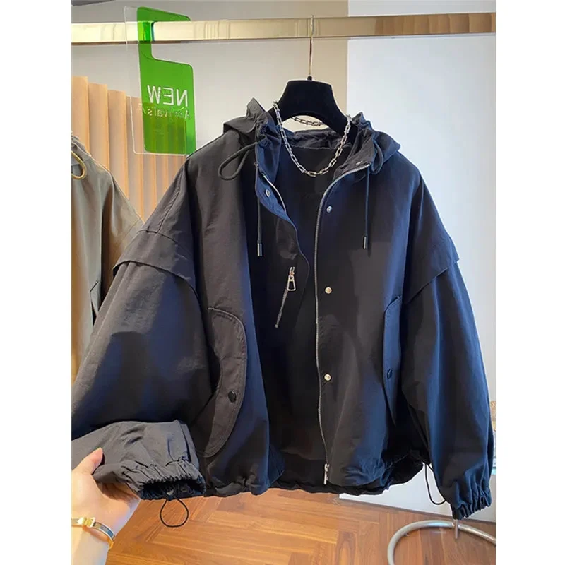 2024 Fashion Spliced Zipper Shirring Printed Hooded Coats Women\'s Clothing Autumn Winter Loose Casual Windbreake Tops Jackets