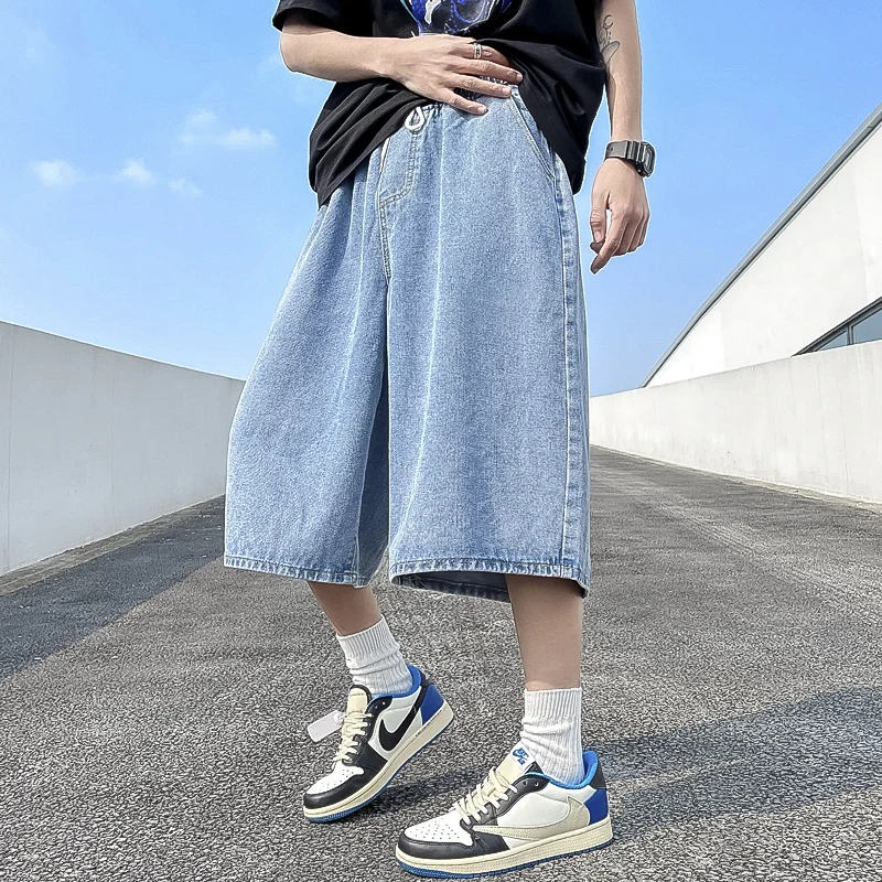 Solid Color Denim Shorts Jeans Men Loose Straight Cut Retro Blue Male Hip Hop Shorts Men Summer Distressed Big Size B70