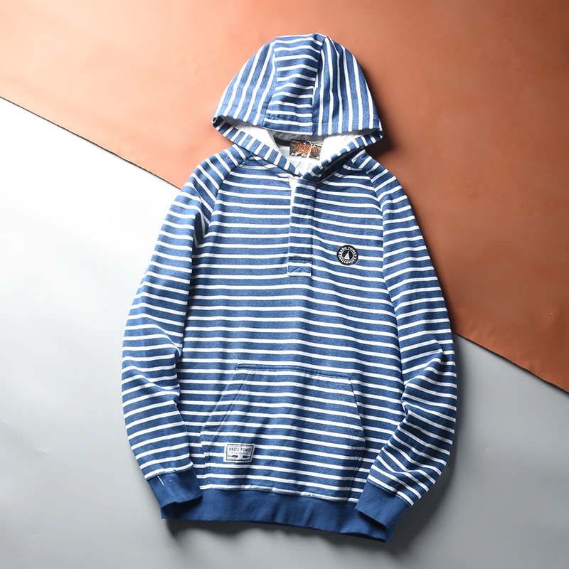

Autumn New American Retro Long Sleeve Striped Hooded Hoodies Men's Simple Washed Pullover Knitted Loose Casual Sport Sweatshirt