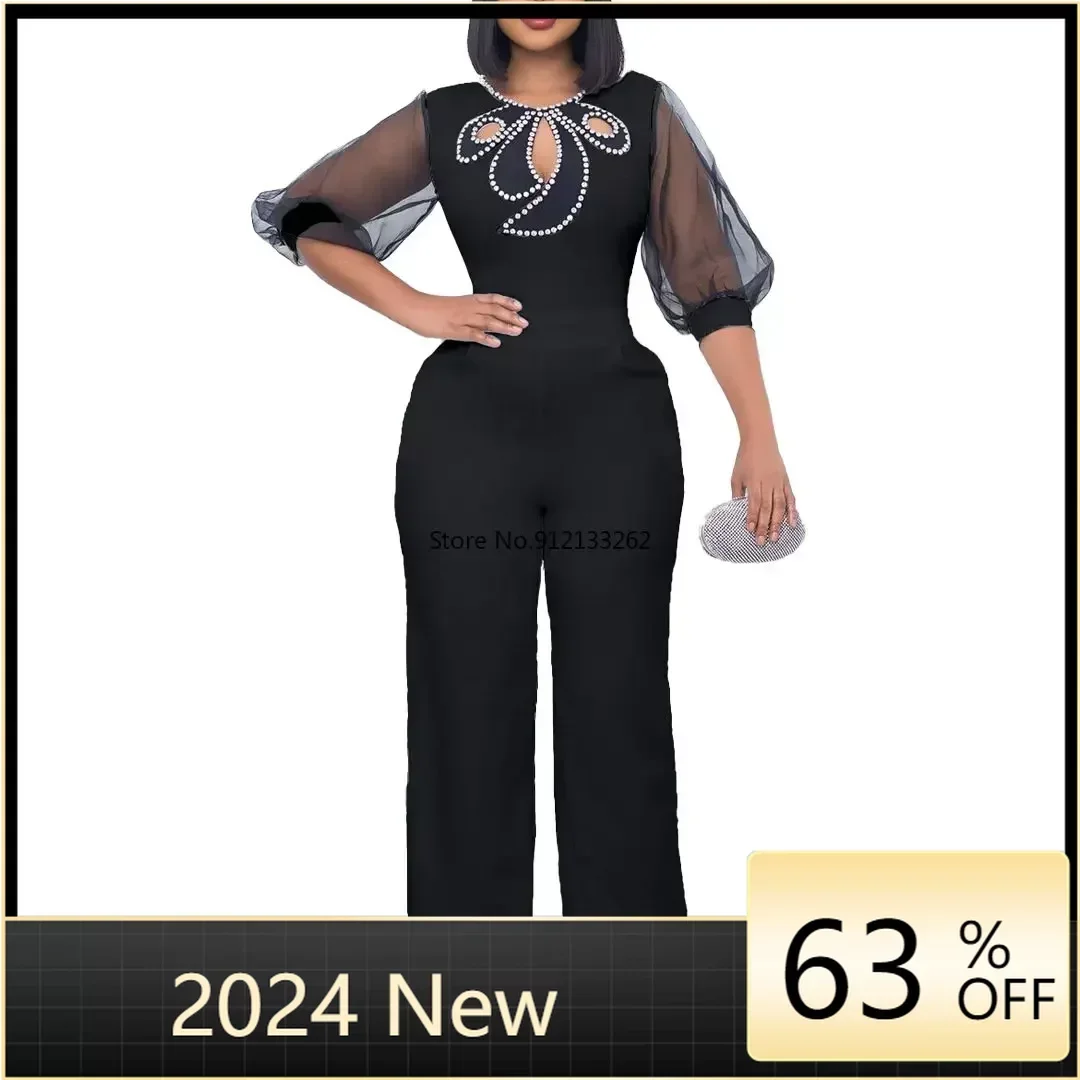 

Women Jumpsuit Long Lantern Sleeves Hollow Out Bow Collar Patchwork See Through One Piece Rompers African Female Elegant Fashion