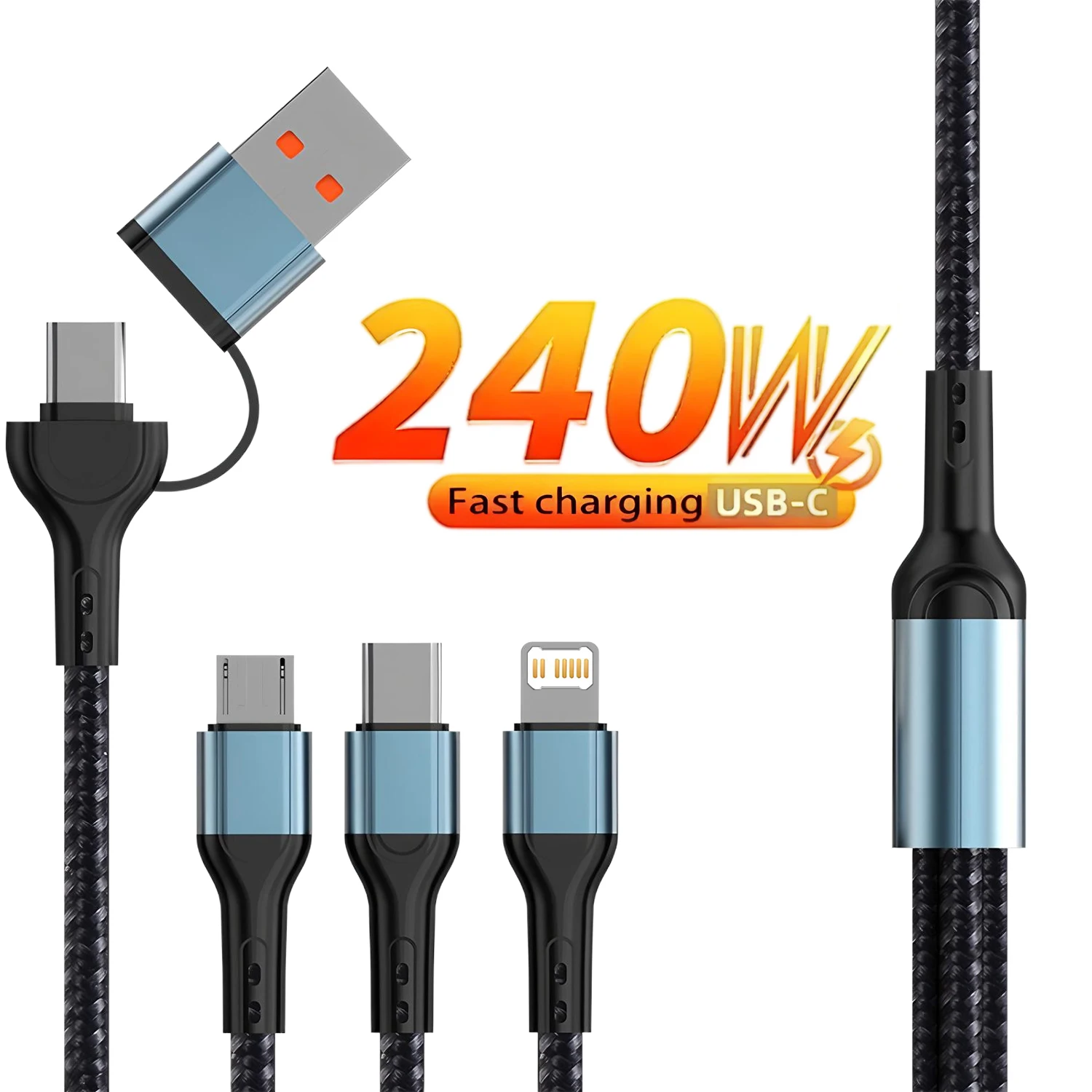 Câble de charge rapide 3 en 2 240W pour chargeur Micro USB Type C, câble USB multi-ports pour iPhone Huawei