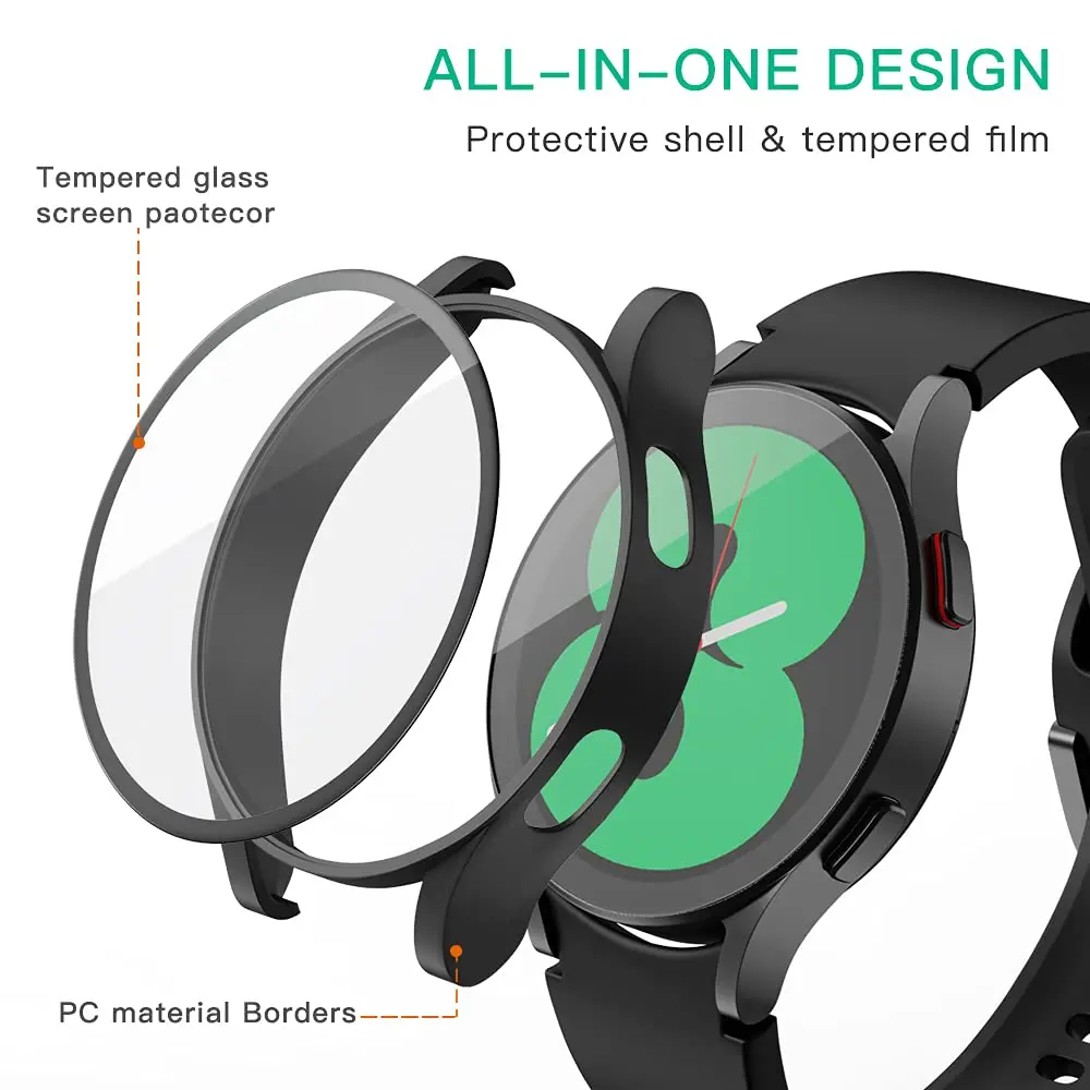 Hard PC +Matte Case With Tempered Glass Screen Protector Compatible for Samsung Galaxy Watch 4 40mm 44mm