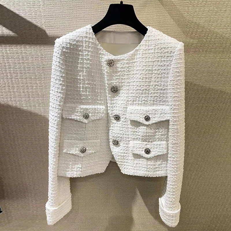 2023 Autumn Brand Designer White Jacket Women Round Neck Single Breasted Short Tweed Jacket Coat Outwear