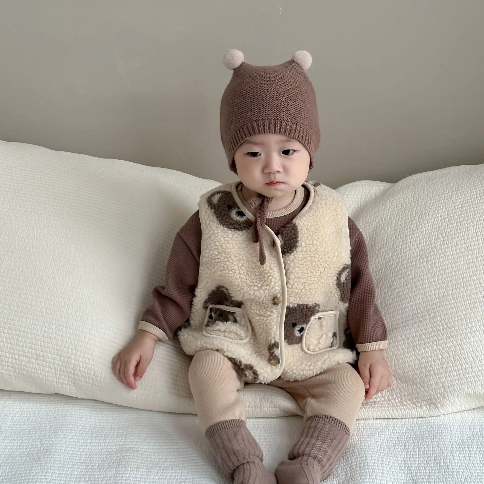 Autumn Winter Children Plus Velvet Bear Sleeveless Vest Newborn Boy Girl Cartoon Fleece Tops Coat Baby Thick Cotton Waistcoat images - 6