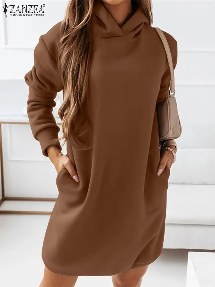 

ZANZEA 2023 Pullover Sweatshirt Dress Autumn Women Casual Long Sleeve Hoodie Fashion Loose Pocket Drawstring Hooded Mini Dress