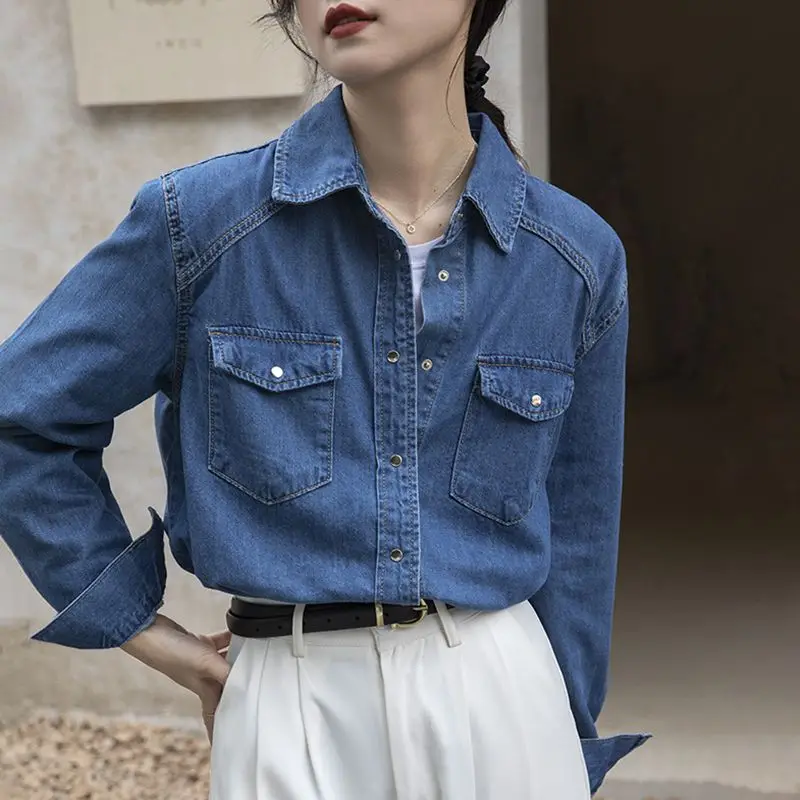 Retro Design Dark Blue Denim Thin Pocket Decoration Single Breasted Women Shirt Streetwear Turn Down Collar Superimposition Top replaceable t22 led bulb e14 220v retro 110v 1w e12 warm white tube filament lamp chandelier string light christmas decoration