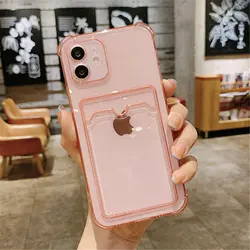 Clear Card Holder Phone Case with Soft Shockproof Bumper - iPhone SE3 2022 (Pink)
