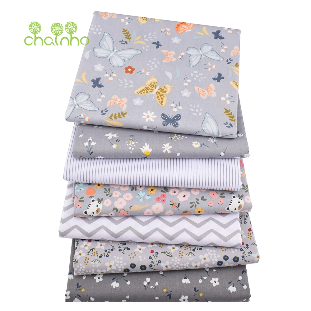 Chainho,Printed Twill Cotton Fabric,Gray Floral Series,Patchwork Cloth For DIY Sewing Quilting Baby &Children's Bedding Material