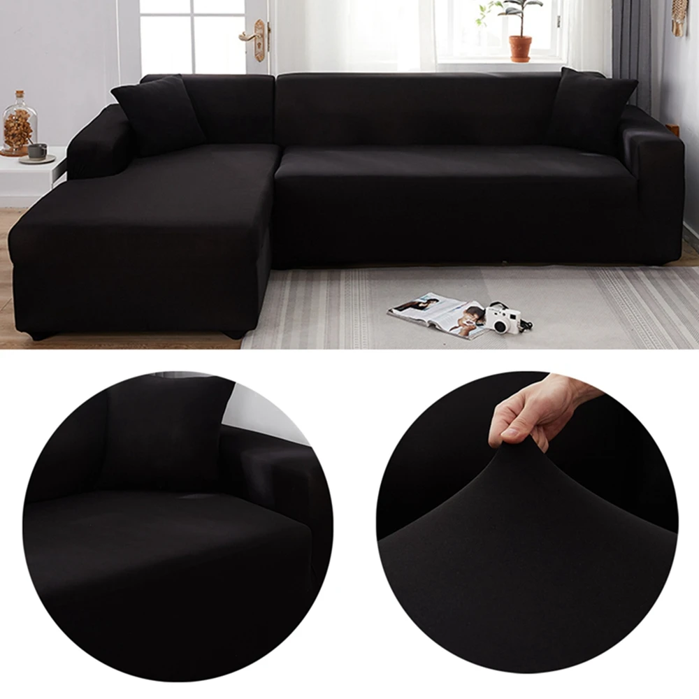 Funda de sofá de esquina elástica de Color negro sólido para sala de estar, 2, 3 y 4 plazas, Chaise Longue, funda de protección decorativa en forma de L