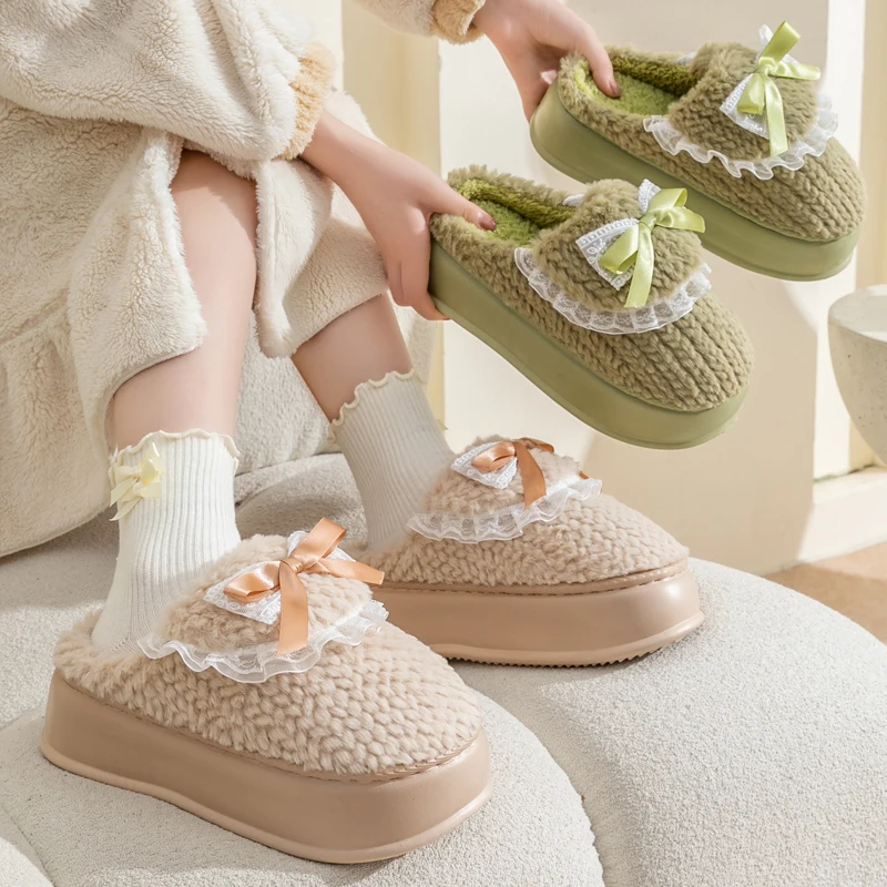 Sweet Bowknot Plush Slippers Women Winter Casual Soft Bottom Fluffy Slippers Woman High Quality Comfortable Warm Slides Female