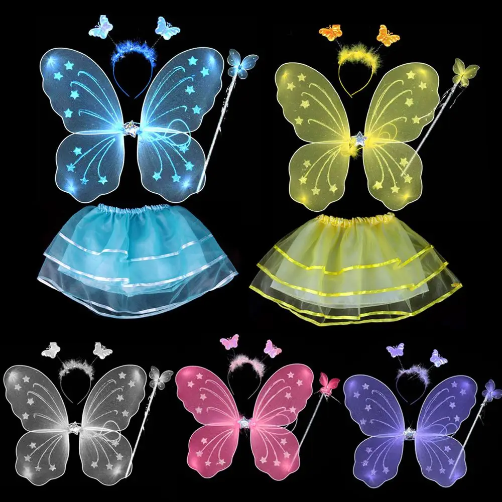 4Pcs Anime Cosplay Props Princess Dress Anime Cosplay Wings Kids Girls Fairy Princess Costume Sets Stage Wear Butterfly Wings Wand Headband Tutu Skirts