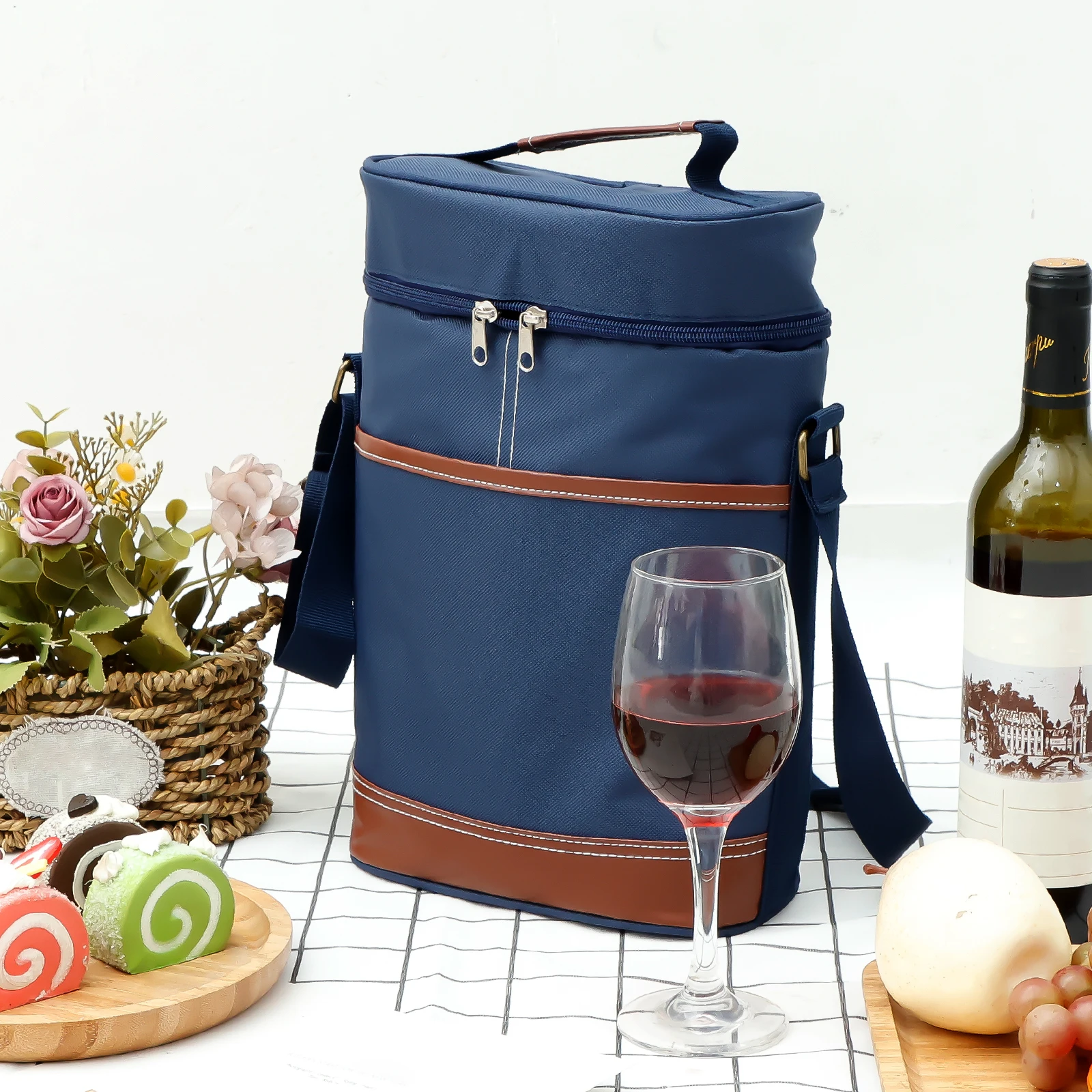2 Bottle Wine Bag with Shoulder Strap and Leather Handle Leakproof and Insulated Wine Carrier for Travel BYOB Beach Dinner Party