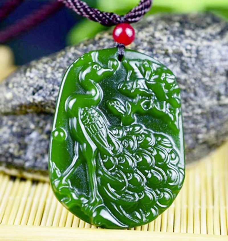 

Natural Green Chinese Jade Peacock Pendant Necklace Fashion Accessories Charm Jewelry Carved Amulet Gifts for Women Men
