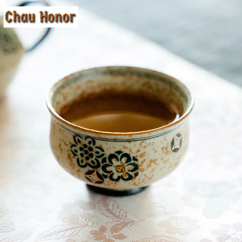 100ml Gold Drawing Embroidered Ball Flower Teacup Blue And White Flint Red Master Cup Personal Puer Tea Bowl Meditation Cup Gift