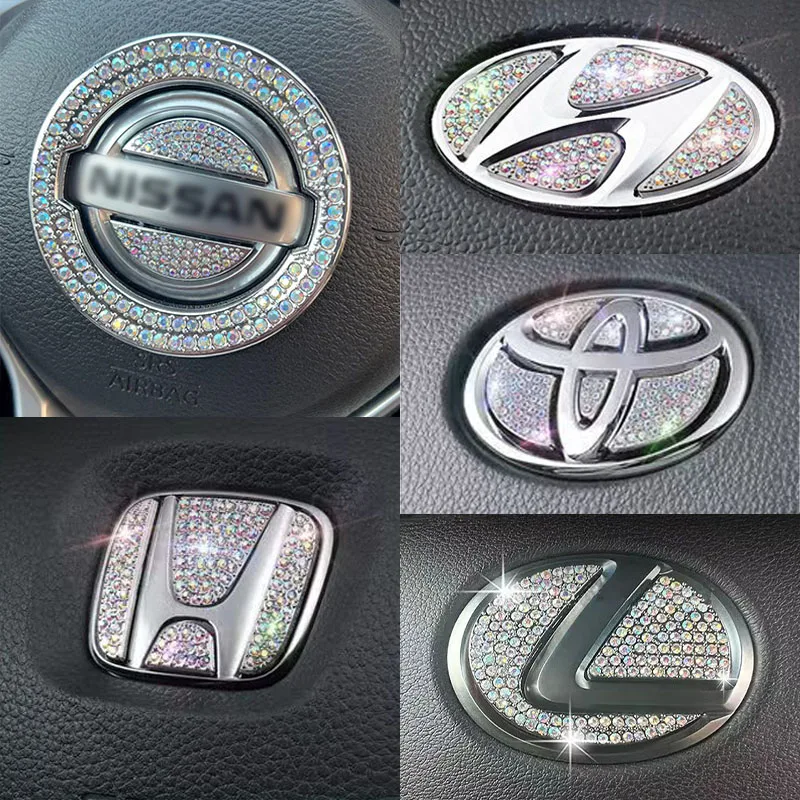 (Colorful) Car Bling Steering Wheel Logo Decal Stickers Diamond Metal Emblem Fit for Mercedes Lexus Honda Hyundai