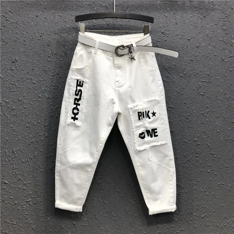 

Fashion casual Jeans Women's Ietter Patch Baggy Denim Pants 2023 Spring Summer New Ladies Korean Ankle-Length Denim Pants Jeans