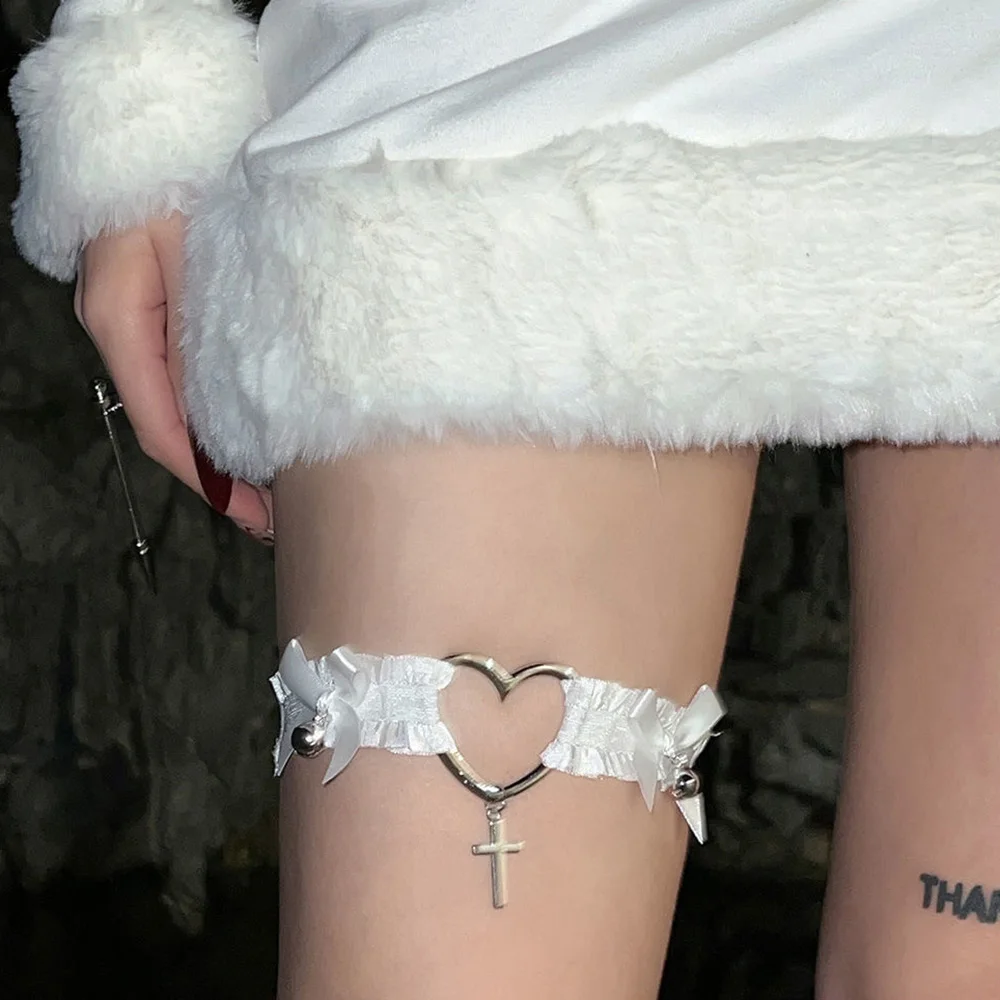 2 Pezzi Reggicalze In Pelle A Forma Di Cuore - Imbracatura Per Gambe Punk Gotica, Regolabile, Bianco