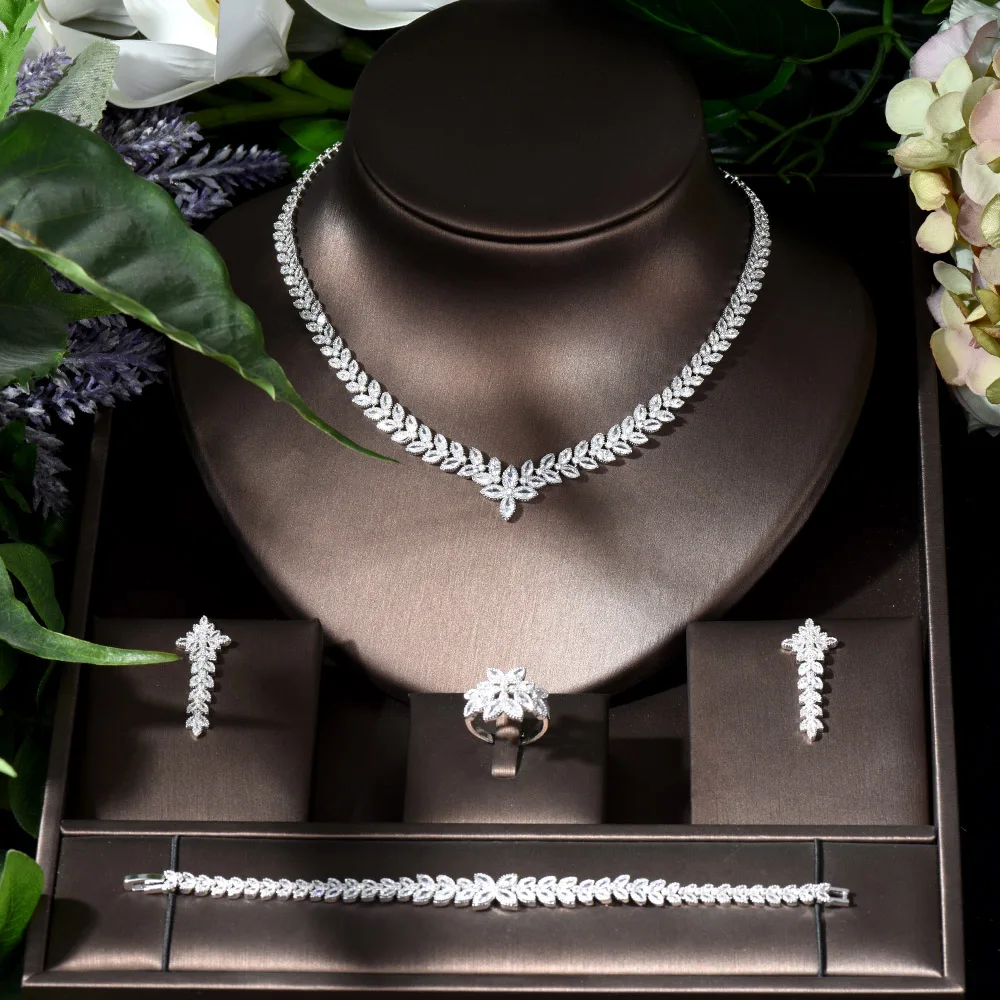 

Fashion Graceful Leaf Shape CZ Jewelry Set Bride Women Necklace Earring Ring and Bracelet 4PCS Set Formal Occasion bijoux N-1268