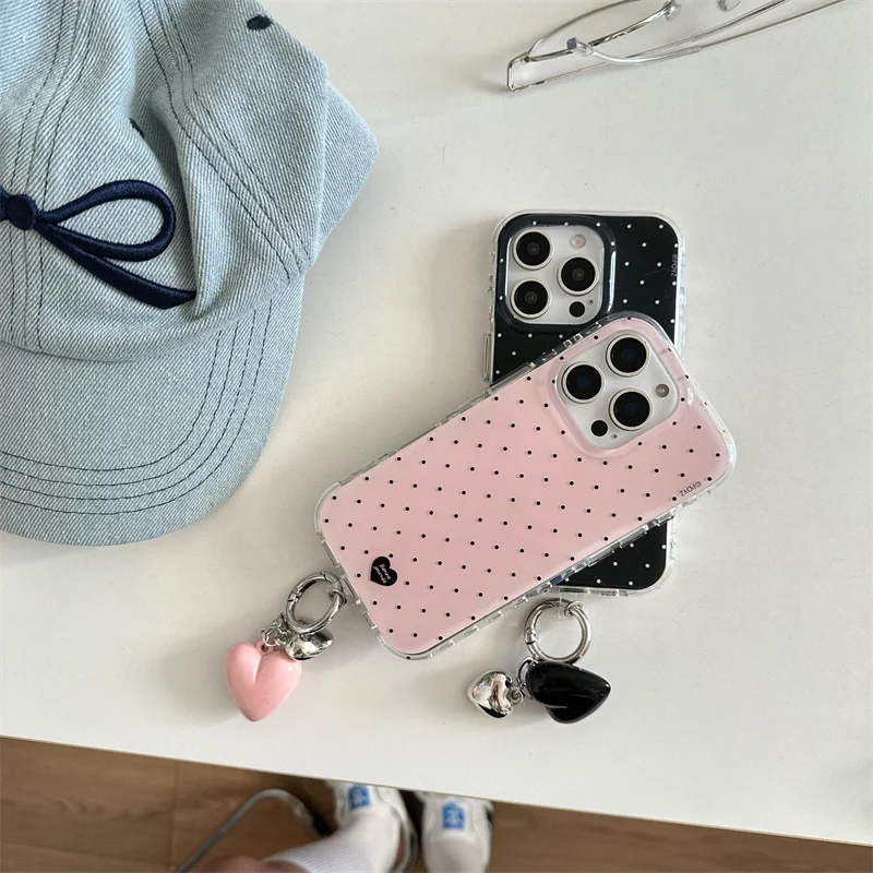 Double-Layer Pink Polka Dot Heart-Shaped Phone Case with Heart Pendant