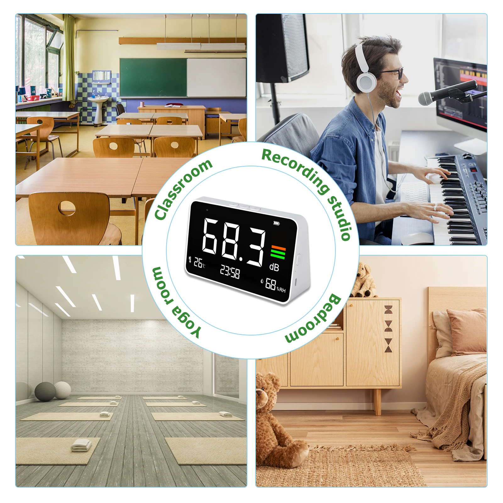 4-in-1 Digital Sound Level Meter ,Desktop Decibel Monitor 30-130dB,for Noise Measureing,Library, with Time&Temp&Humidity Display 4