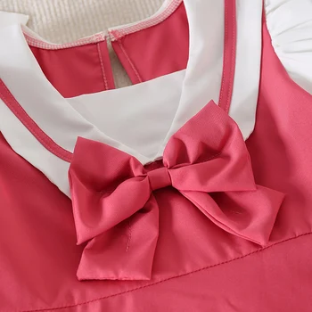 Youthful Girl s Summer Dress with Short Puff Sleeves V-Neckline and Bow Detail in A-Line Silhouette Featuring Contrast Colors 3