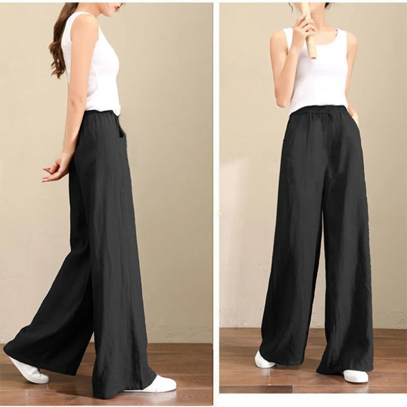 Women Vintage Wide Leg Pants Cotton Linen High Waist Baggy Trousers Mom's Ankle-length Oversized Pantalones New Elegant Spodnie