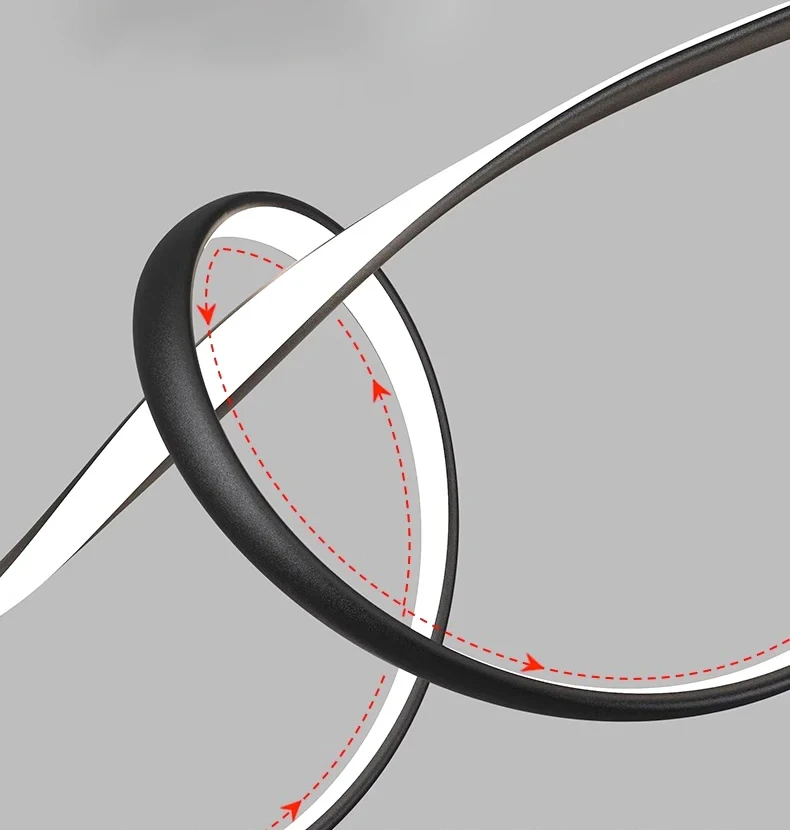A close-up of the Stylish Pendant Light reveals sleek black and white intertwined loops with red dashed arrows highlighting its nature-inspired design, making it a standout feature against a neutral background for modern living spaces.