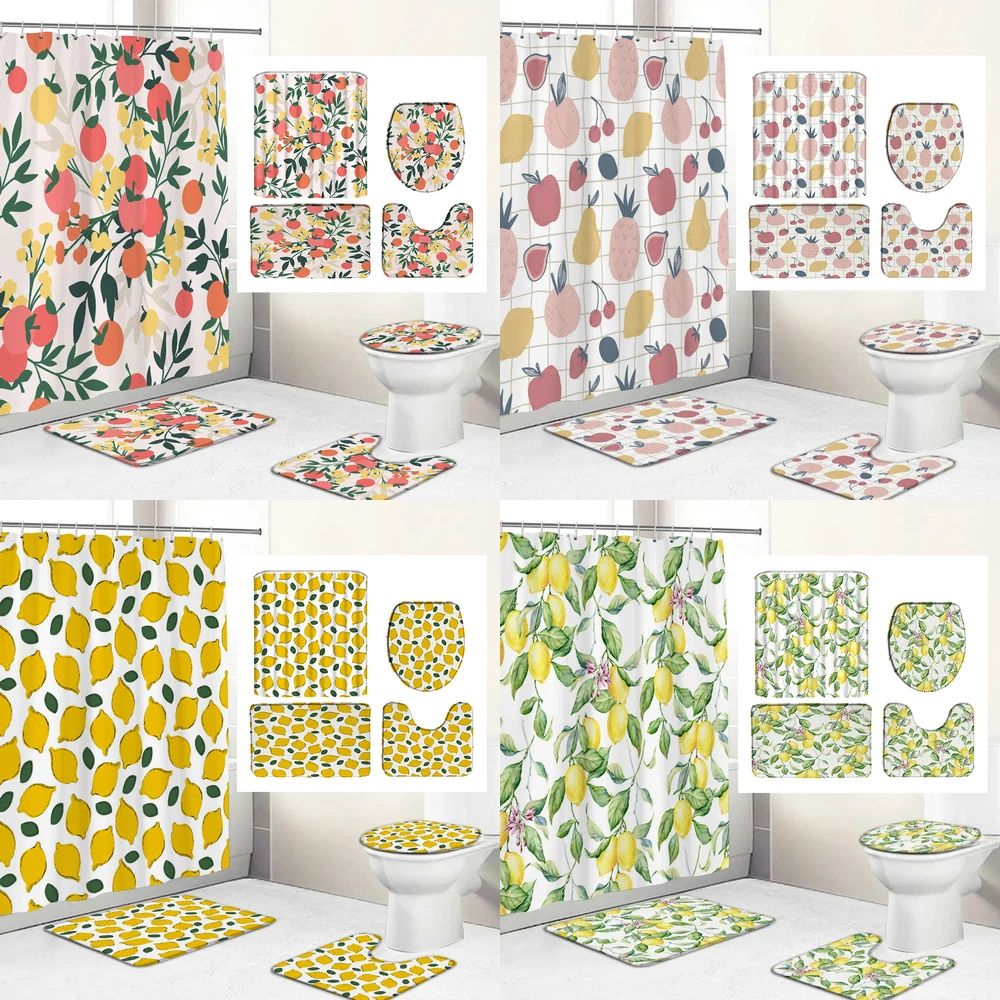 Fruit Peach lemon Pineapple Bathroom Set Printed Shower Curtain With