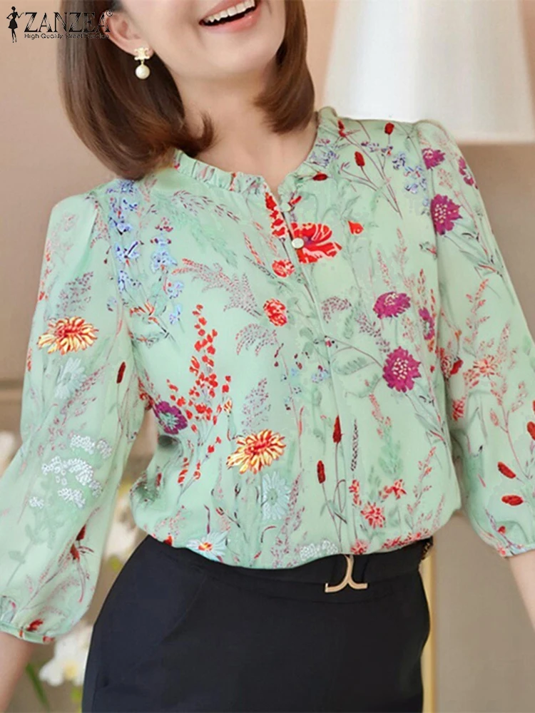 Women Floral Print Bohemian Blouse 3/4 Puff Sleeve Casual Top