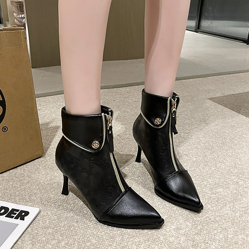 

2023 women's pointed toe square heeled shapely solid color bow tie casual girl's short boots 4992