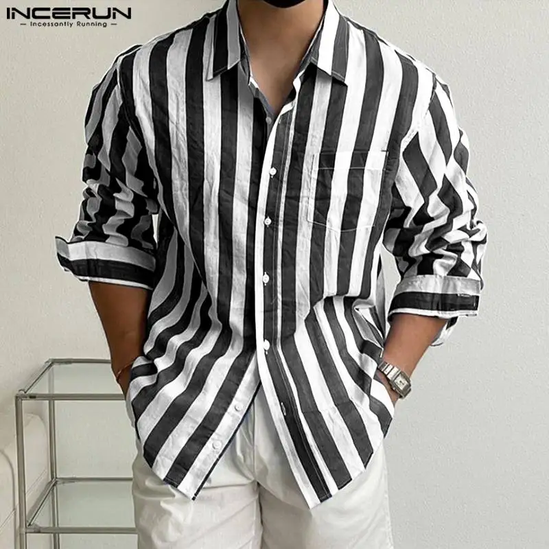 

INCERUN Tops 2023 Korean Style New Men Striped Loose Blouse Casual Streetwear Comfortable Long Sleeved Lapel Button Shirts S-5XL