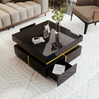 Table basse carrée brillante avec tiroirs, éclairage LED et accents dorés, table d'appoint pour salon 2