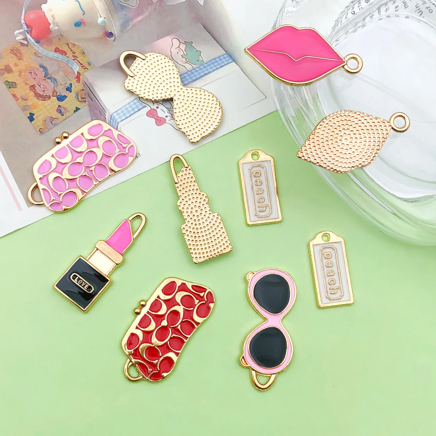 Enamel Women's Charms 10pcs Alloy Lipstick Bags Sunglasses Red lips Pendants For DIY Jewelry Making Accessories