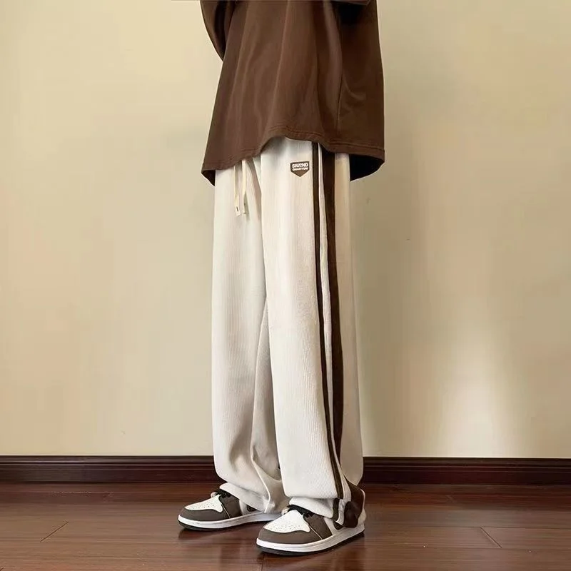 Autumn Winter Fleece Thickened Straight Casual Pants Men's Fashion Street Contrast Drawstring Pockets Versatile Sports Trousers