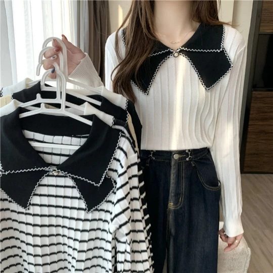 

new Cute Stripe Long Sleeve Loose Tops Slim Woman Pullover Knitted Sweater Jumper Spring Top Cloth Clothes for Women Girl Lady