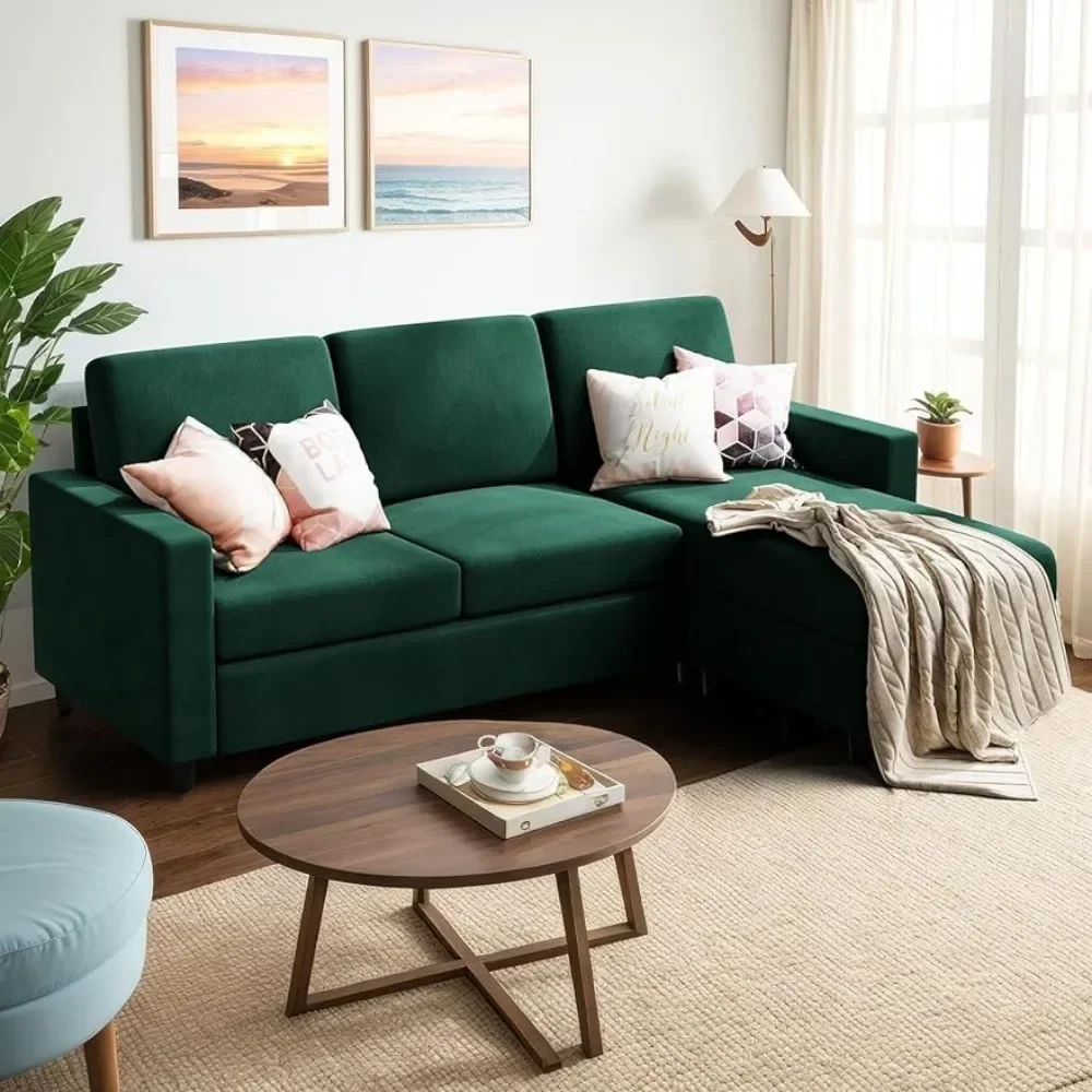 

Convertible Sectional Sofa Couch, Linen Fabric L-Shaped, 3-Seat Sofa Sectional with Reversible Chaise for Living Room,Green