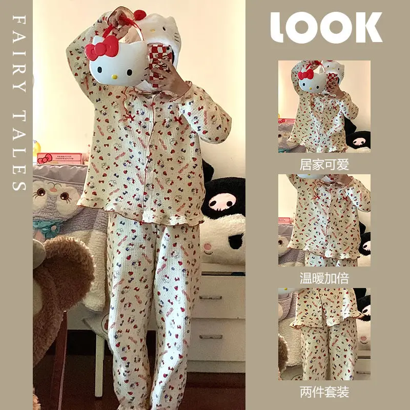 

Kawaii Hello Kittys Pajamas Woman Sanrios Anime Cartoon Autumn Winter Student Long Sleeves Trousers Home Wear Nightgown Suit New