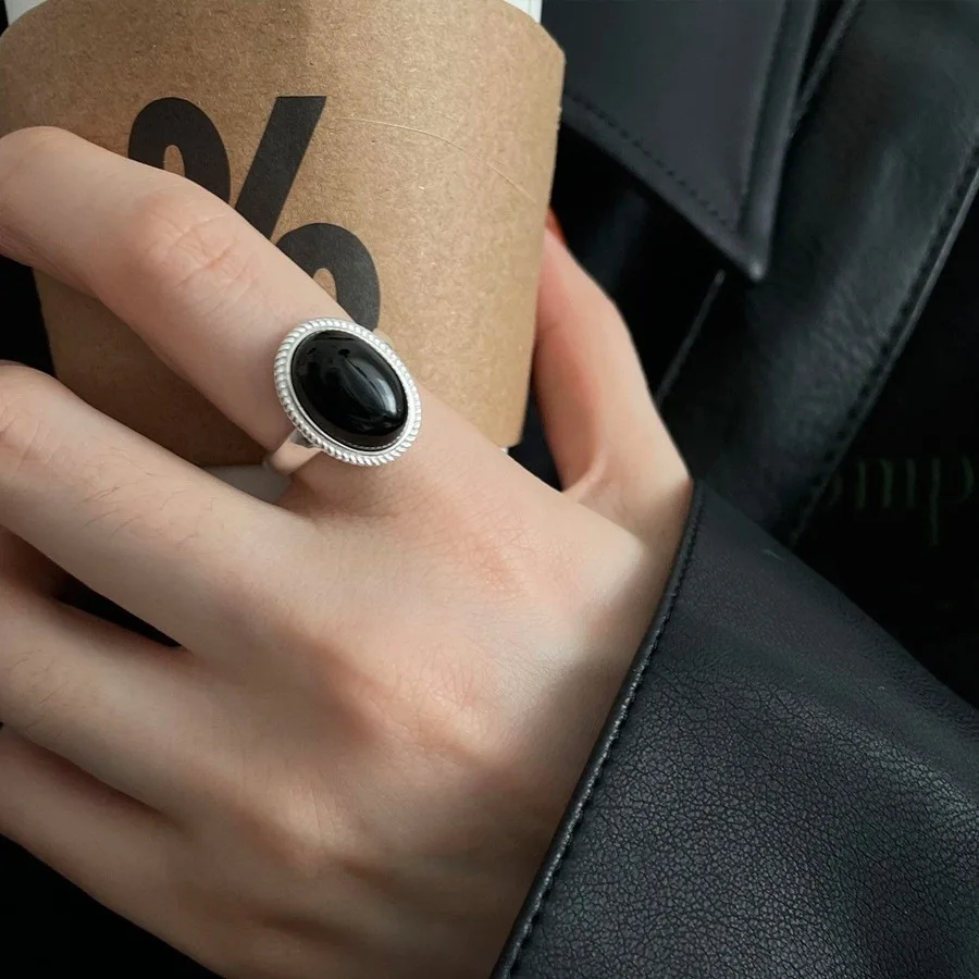 PANJBJ 925 Sterling Silver Geometric Black Stone Rings for
