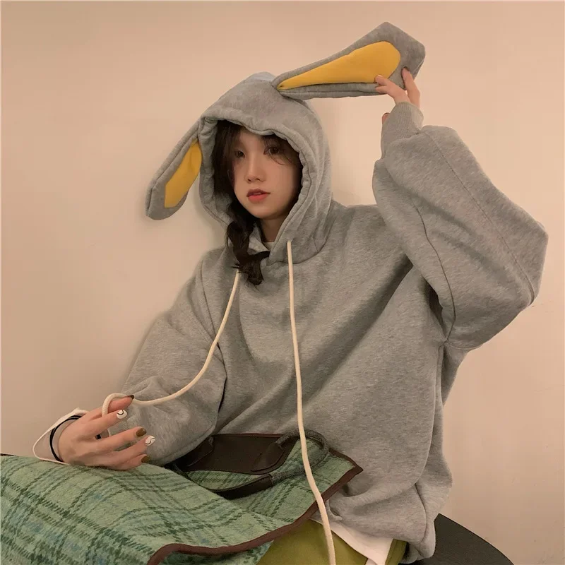 Fashion 2022 Korean Cute Kawaii Harajuku Loose Plus Fleece Sweater Rabbit Ears Hooded Long-sleeved Sweater Pullover Sweatshirt