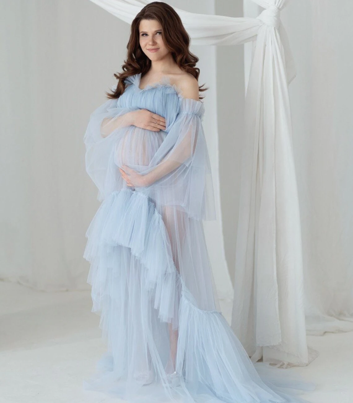 Off Shoulder Baby Blue Maternity Robes for Pregnant Women Ruffles Photo Shoot Dresses Sexy Sweep Train See Thru Baby Shower Gown
