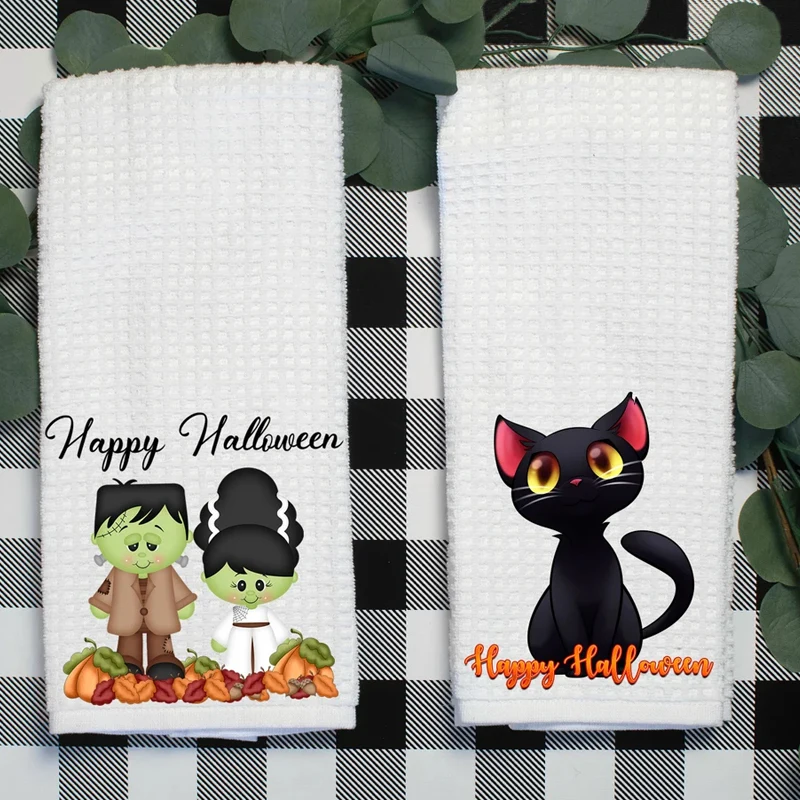 Happy Halloween Themed Waffel-Geschirrtuch, gruselige Hexe, schwarze Katze, Geschirrtuch, Zuhause, Küche, Dekorieren, Zubehör, Party-Tisch-Accessoires