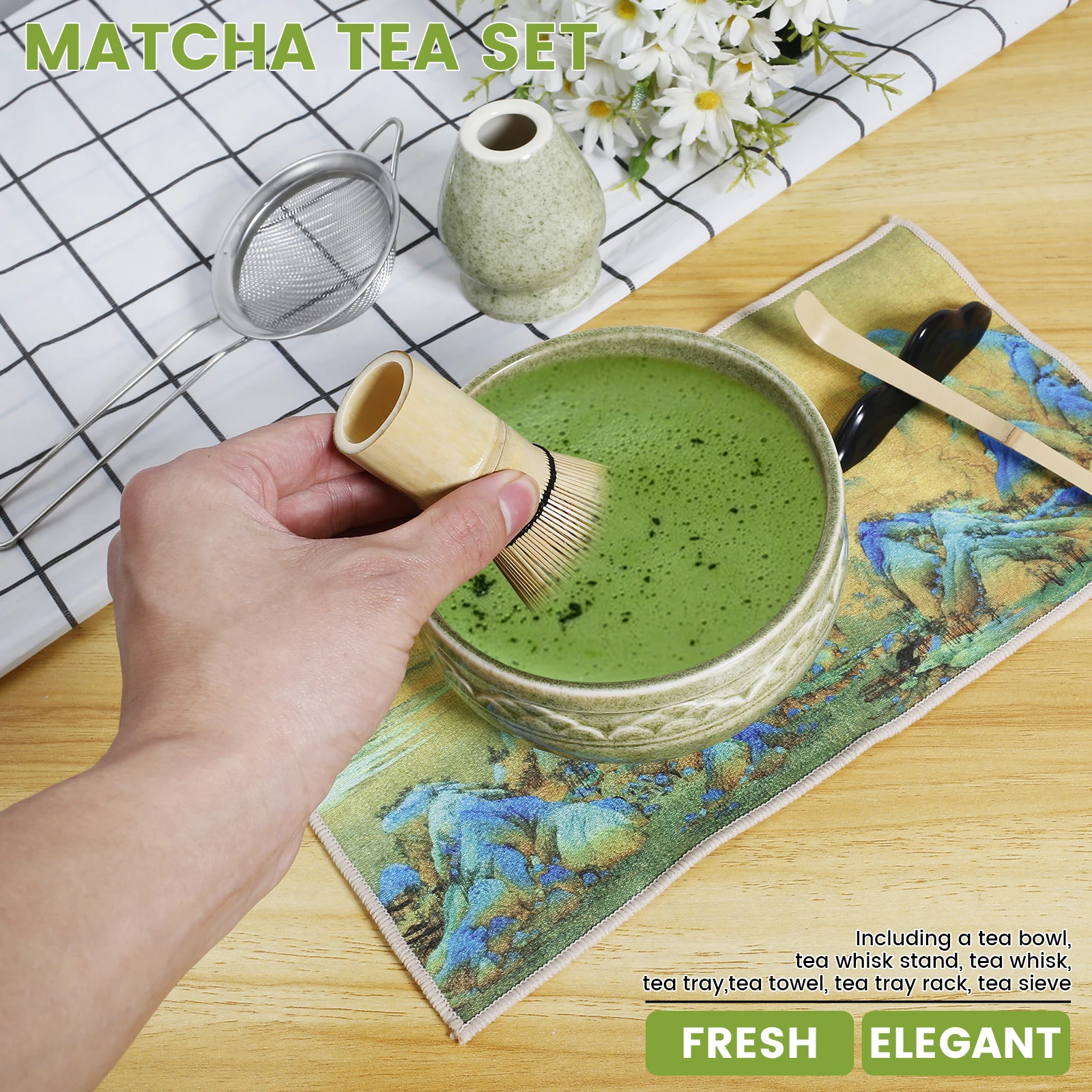 7 PCS Matcha Whisk Set Easy to Use Matcha Tool Kit with Strainer Exquisite Ceramic Set Safe Sturdy Whisk