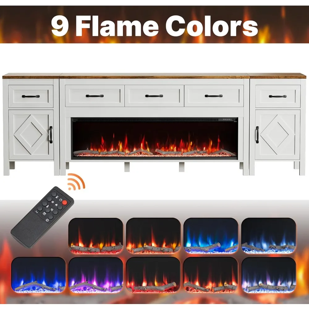 modern tv stand with fireplace for tvs up to 95 inch,entertainment center with 50" electric fireplace,88" tv console with storag