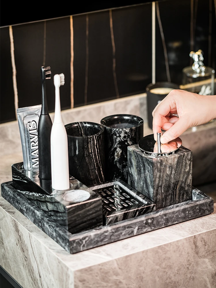 Marble Electric Toothbrush Shelf Light Luxury Hotel Style Couple Mouthwash Cup Bathroom Wash Table Storage Set