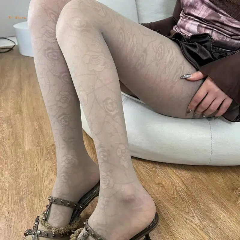 

Vintage Patterned Semi Sheer Pantyhose Stockings for Women French Rose Flower Jacquard Silk Tights Thin Leggings