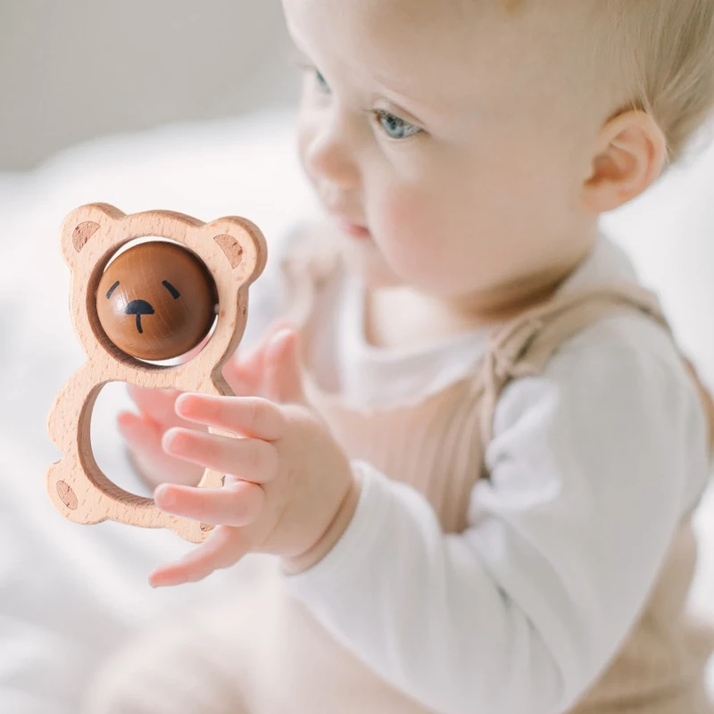 Baby Wooden Cartoon Bear Rattle Toy Newborn Teeth Chew And Grind Toys BPA-Free Crib Music Soothing Toys Newbaby Christmas Gift 3